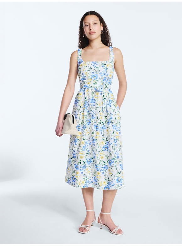 Women’s and Women's Plus Sleeveless Belted Cotton Midi Dress, Sizes XS-4X