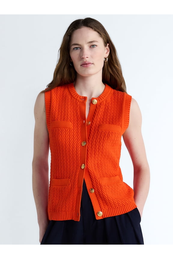 Women's and Women's Plus Button Front Cable Knit Sweater Vest, Lightweight, Sizes XS-4X