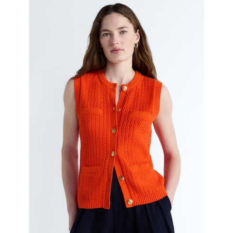 Women's and Women's Plus Button Front Cable Knit Sweater Vest, Lightweight, Sizes XS-4X