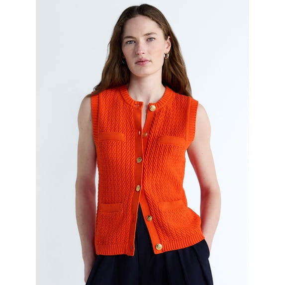 Free Assembly Women's and Women's Plus Button Front Cable Knit Sweater Vest, Lightweight, Sizes XS-4X