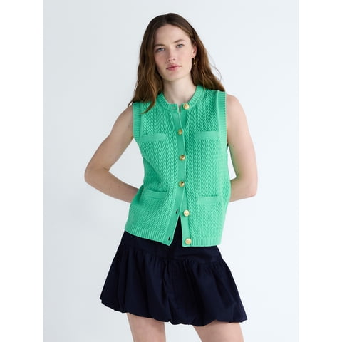 Women's and Women's Plus Button Front Cable Knit Sweater Vest, Lightweight, Sizes XS-4X