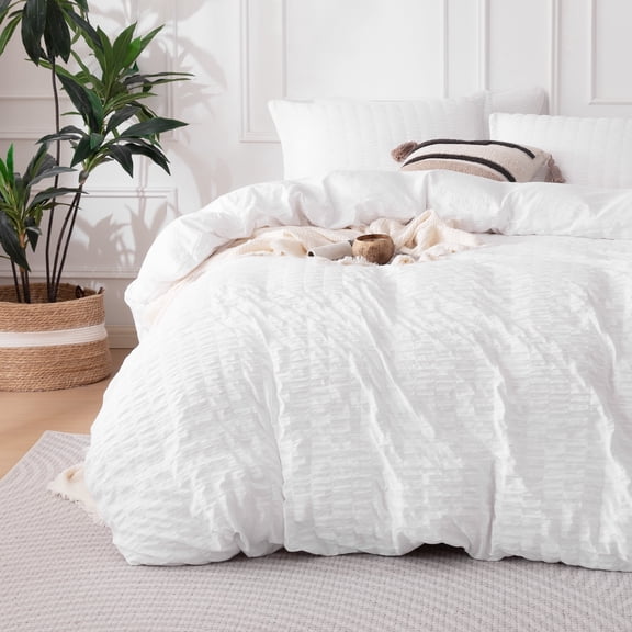 Sleep Zone Twin Duvet Cover 3pc Set Soft Seersucker , All-Season Adaptable, White