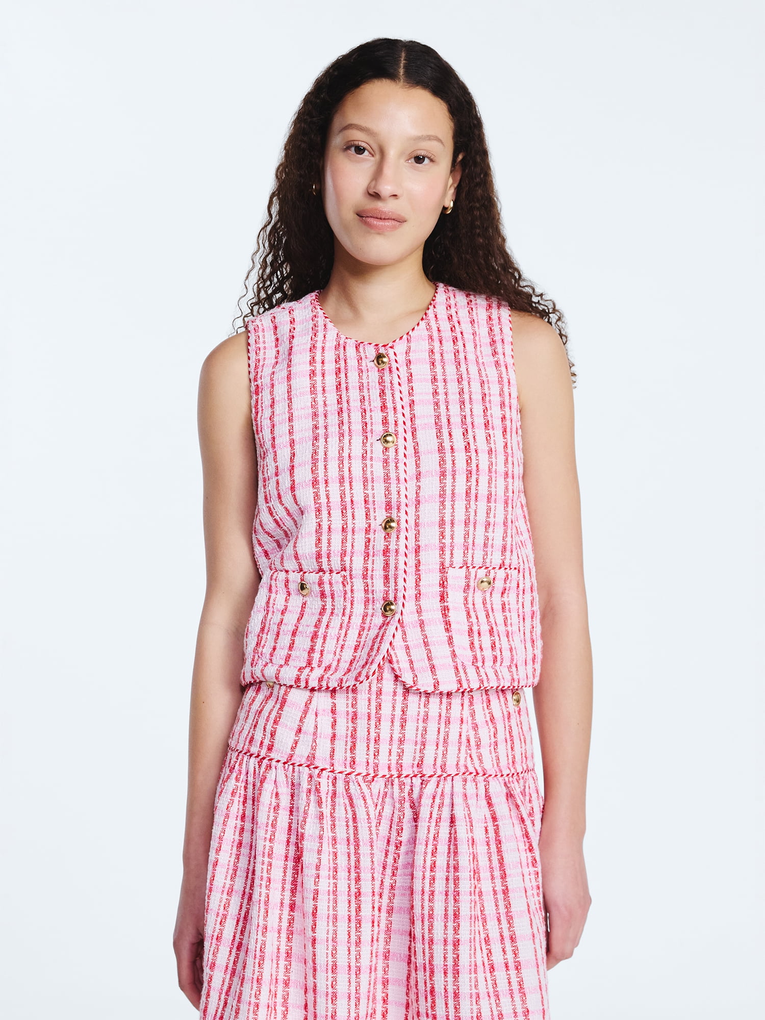 Free Assembly Women's and Women's Plus Sleeveless Button Front Tweed Shell, Sizes XS-4X