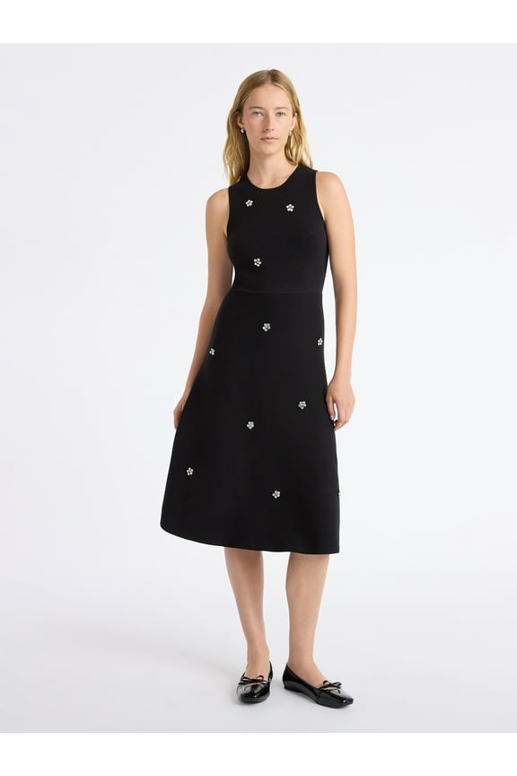 Women's and Women's Plus Beaded Sleeveless Midi Sweater Dress, Sizes, XS-4X