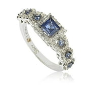 SL Collection Sterling Silver Assher Cut Sapphire and Diamond Accent Bridal Engagement Ring - Blue