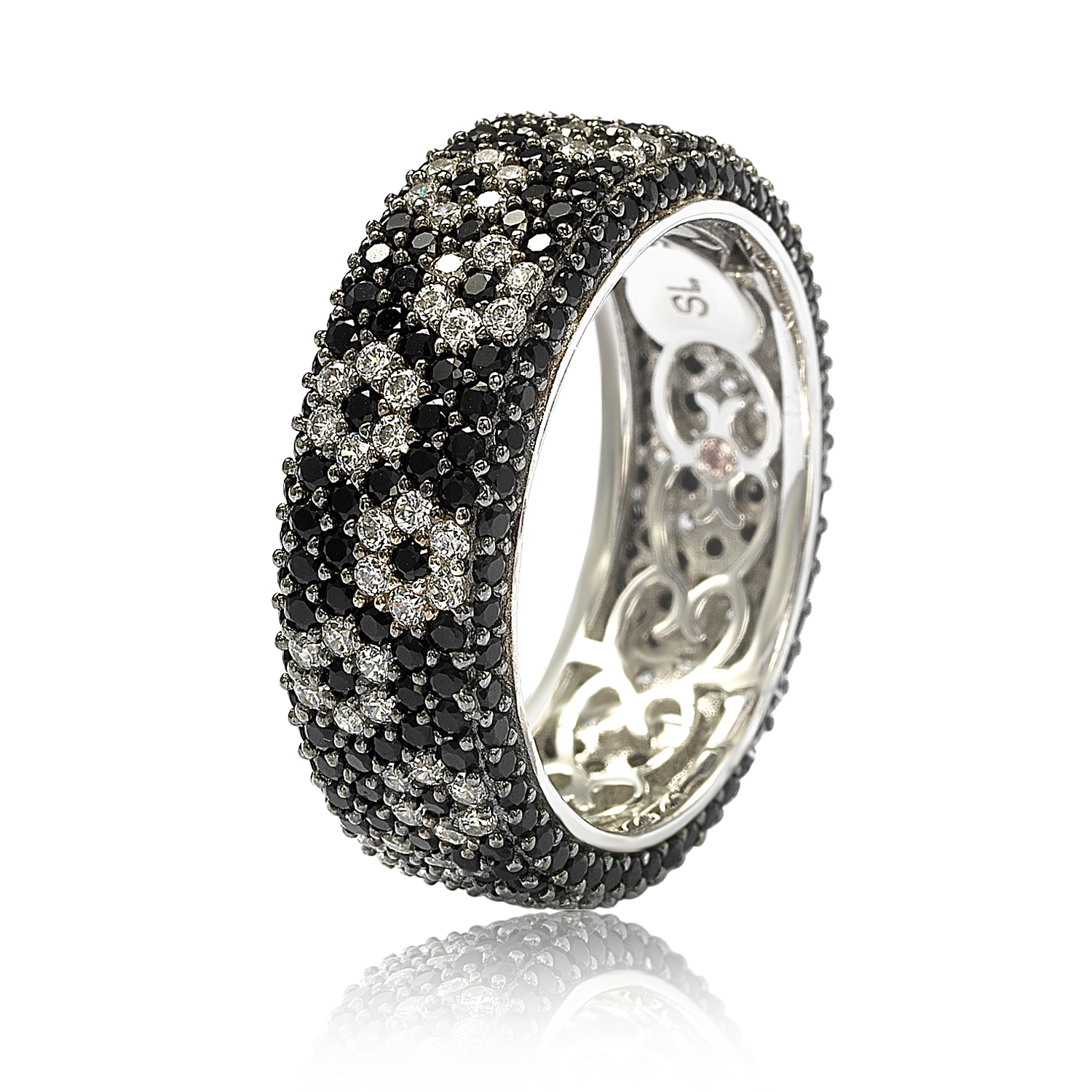 SL Collection Sterling Silver Cubic Zirconia White & Black Pave Flower Stackable Ring - Black White