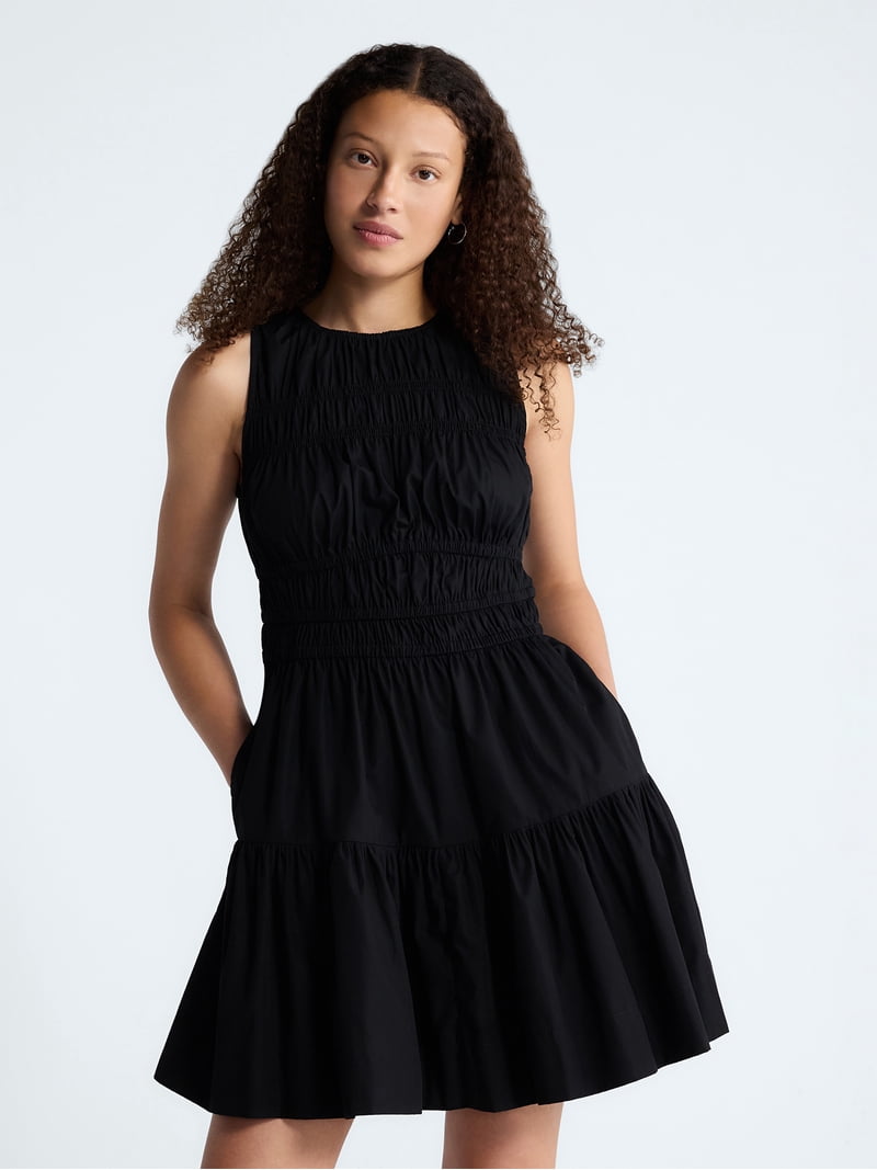 black cotton drop waist dress Black Drop Waist Cotton Mini Dress with Belt