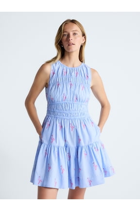 Women's and Women's Plus Smocked Cotton Drop Waist Mini Dress, Sizes XS-4X
