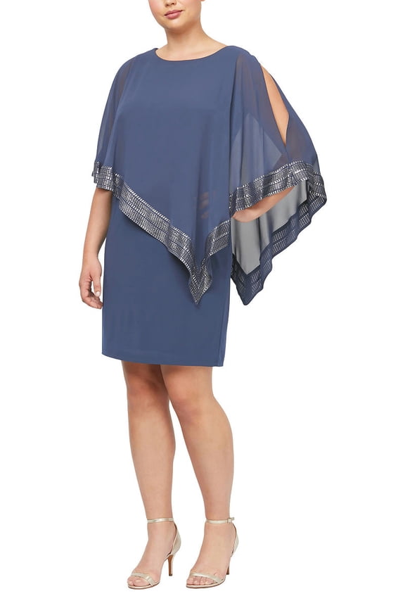 SL Fashion Boat Neck Sleeveless Asymmetrical Chiffon Overlay with Metallic Detail Solid Jersey Dress-LILAC HAZE / 16W