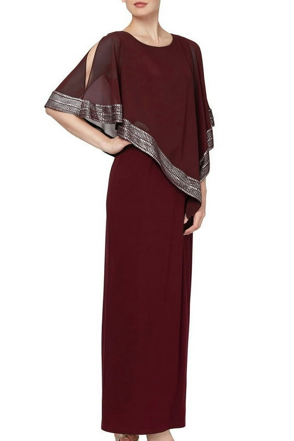 Scoop Neck Sleeveless Asymmetrical Cape Overlay with Metallic Detail Solid Slit Back ITY Dress