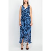 SL Fashion Surplice Neck Sleeveless Tie Waist Multi Print Tie Waist Cascade Ruffle High Low Chiffon Dress-NAVY MULTI