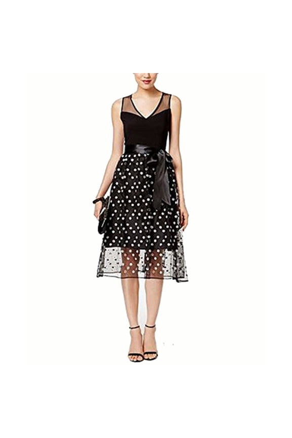 Floral-Print Mesh A-Line Dress, Black/White, 12