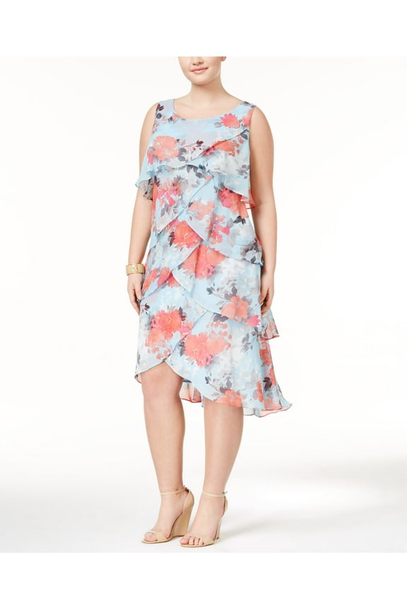 Plus Size Tiered Floral Print Sheath Dress Floral-Print Blue Multi 14 Plus