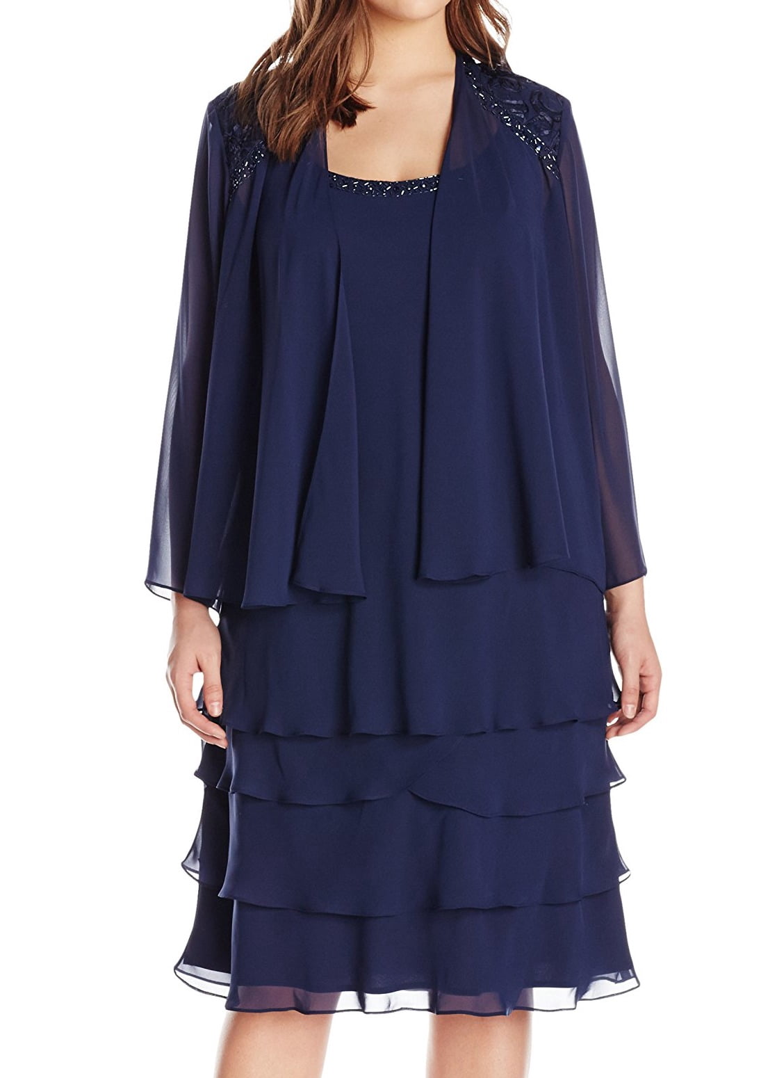 SL Fashions Women's Embellished Tiered Dress With Jacket Blue Size 18W -  Walmart.com