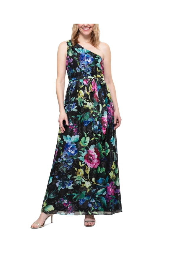 SL Fashions Womens Floral-Print One-Shoul Black Multi 18