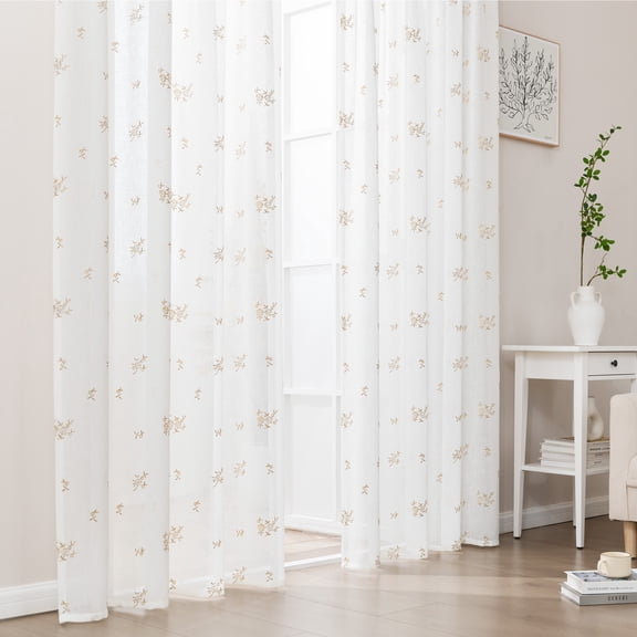 Sleep Zone 2 Panels Golden Floral-embroidered Lace Sheer Curtains, Modern Semi Sheer Curtains for Living Room Bedroom, Farmhouse (Beige, W52 x L84 Inch)