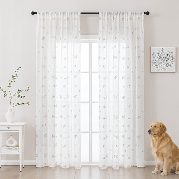 Sleep Zone 2 Panels Golden Floral-embroidered Lace Sheer Curtains, Beige, 52 in x 95 in