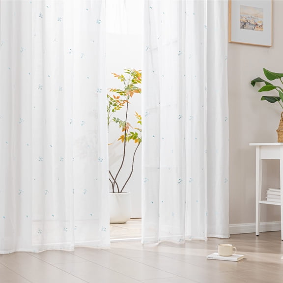 Sleep Zone 2 Panels Blue Heart-embroidered Lace Sheer Curtains, Modern Semi Sheer Curtains for Living Room Bedroom, Farmhouse (Blue, W52 x L84 Inch)