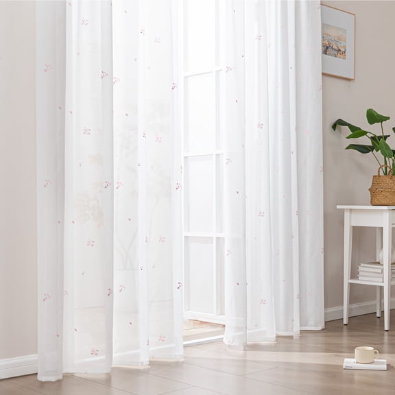 Sleep Zone 2 Panels Pink Heart-embroidered Lace Sheer Curtains, Modern Semi Sheer Curtains for Living Room Bedroom, Farmhouse (Pink, W52 x L84 Inch)