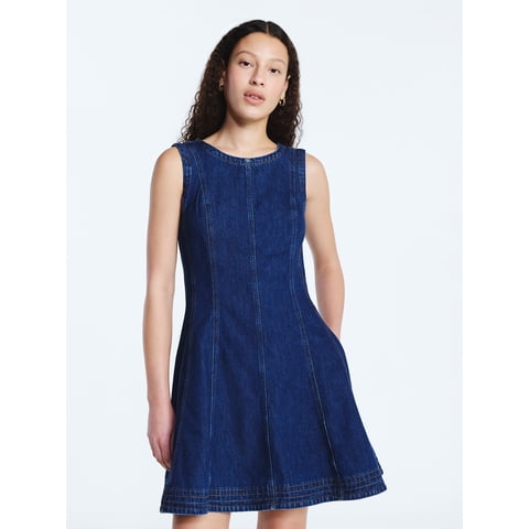 Women's and Women's Plus Sleeveless Denim Panel Mini Dress, Sizes XS-4X