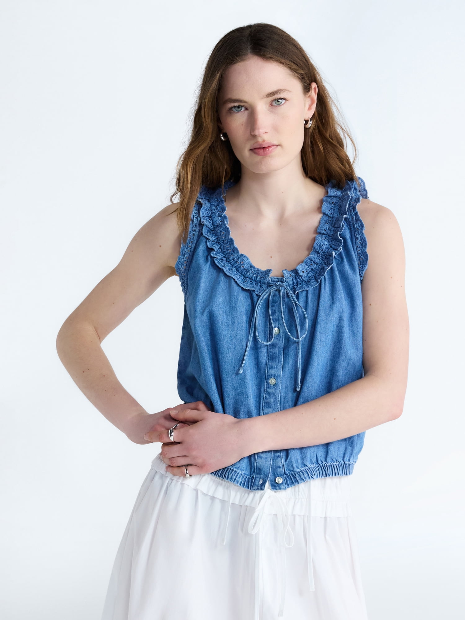 Free Assembly Eyelet Ruffle Sleeveless Chambray Top, Sizes XS-XL