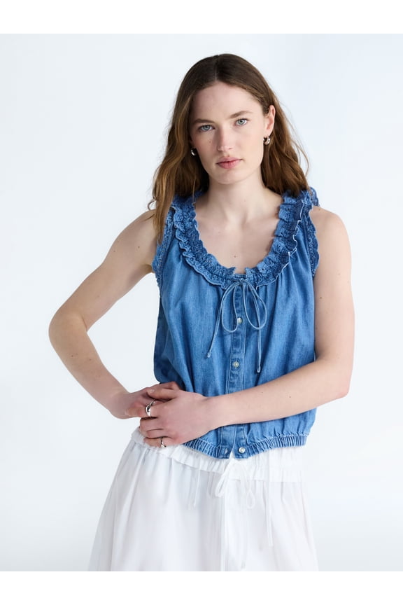 Eyelet Ruffle Sleeveless Chambray Top, Sizes XS-XL