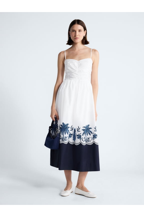 Women's and Women's Plus Sleeveless Ruched Cotton Midi Dress, Sizes XS-4X