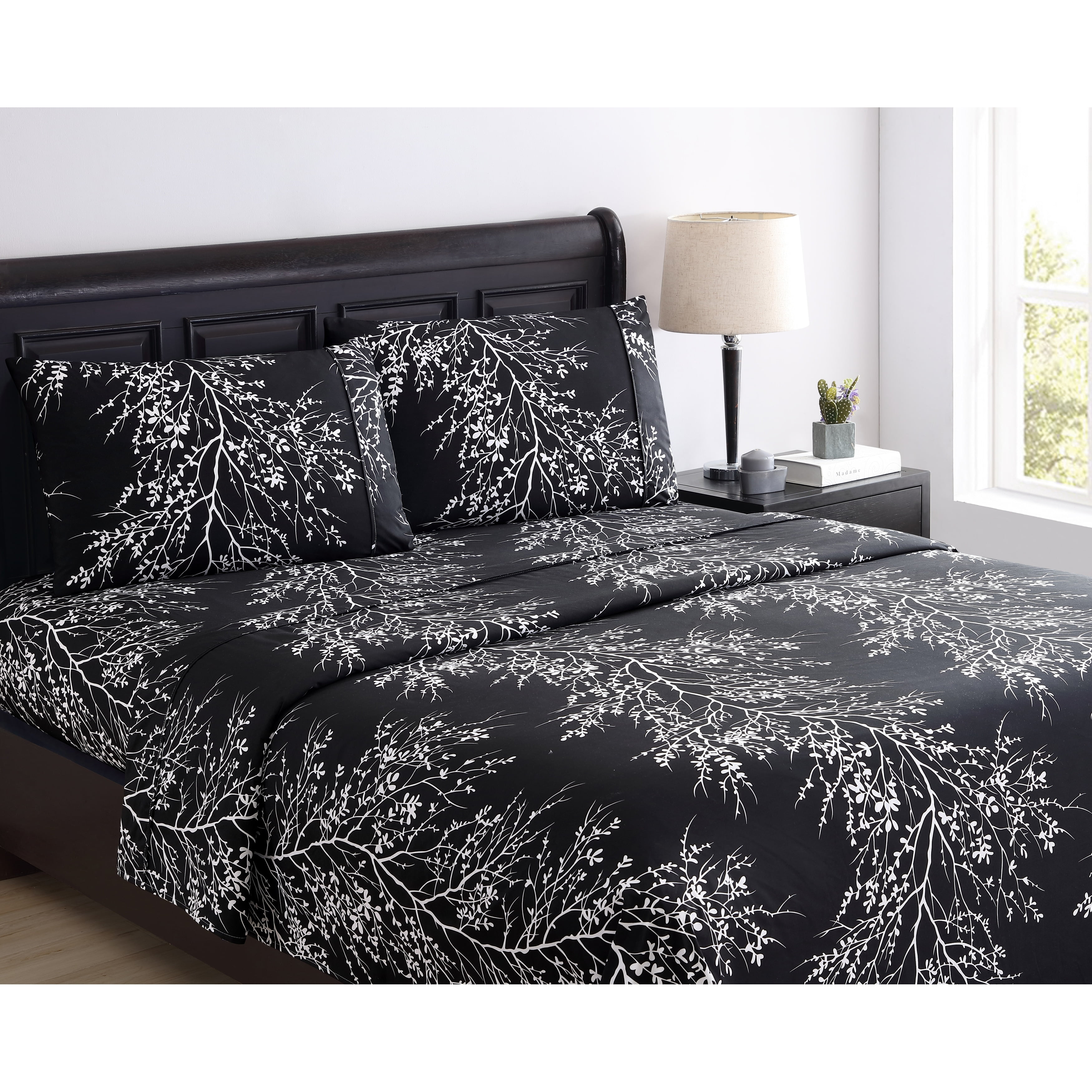 Twin Black and White Floral Print Microfiber Sheet Set