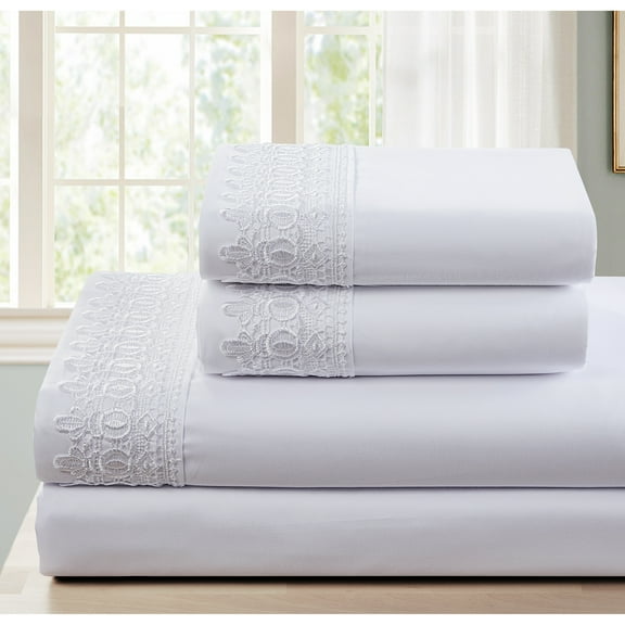 SL SPIRIT LINEN HOME EST. 1988 Lace Sheet Set - Double Brushed Microfiber White - Twin