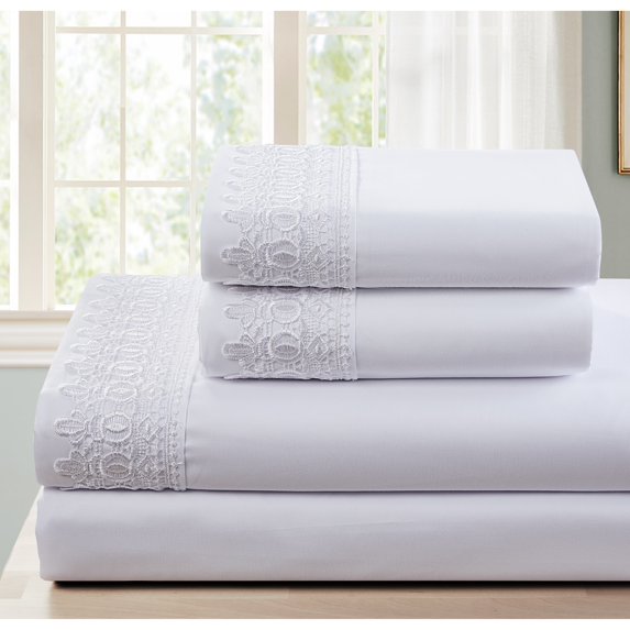 SL SPIRIT LINEN HOME EST. 1988 Lace Sheet Set - Double Brushed Microfiber White - Twin