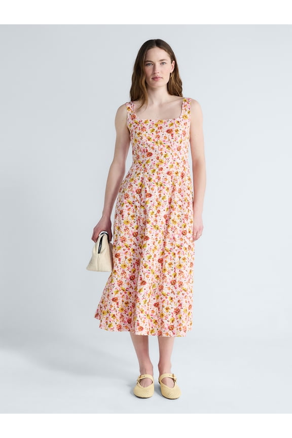 Women's and Women's Plus Square Neck Cotton Midi Panel Dress, Sizes XS-4X