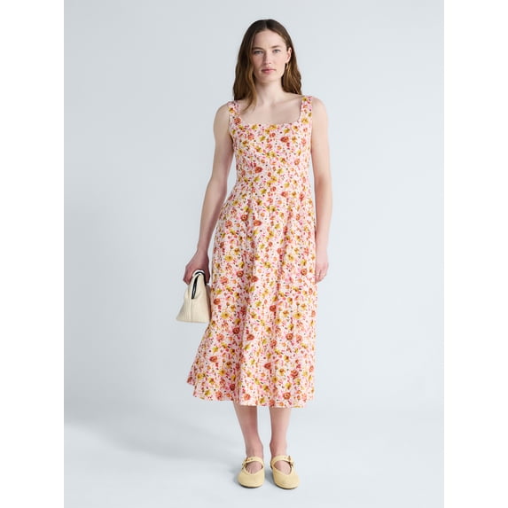 Free Assembly Women's and Women's Plus Square Neck Cotton Midi Panel Dress, Sizes XS-4X
