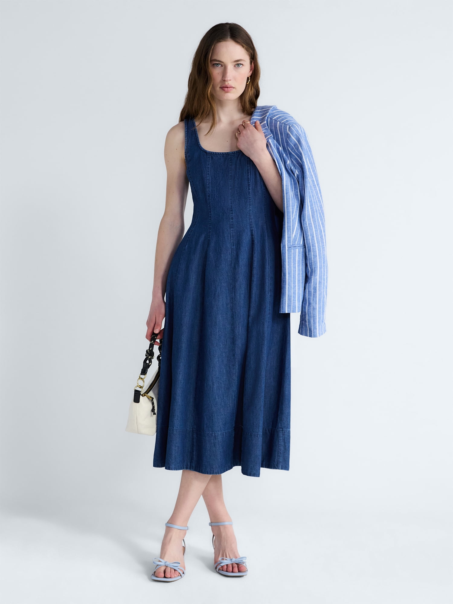 Free Assembly Womans Sleeveless Square Neck Paneled Midi Dress