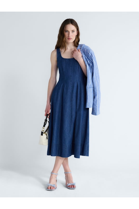 Womans Sleeveless Square Neck Paneled Midi Dress Size-XS-XXL