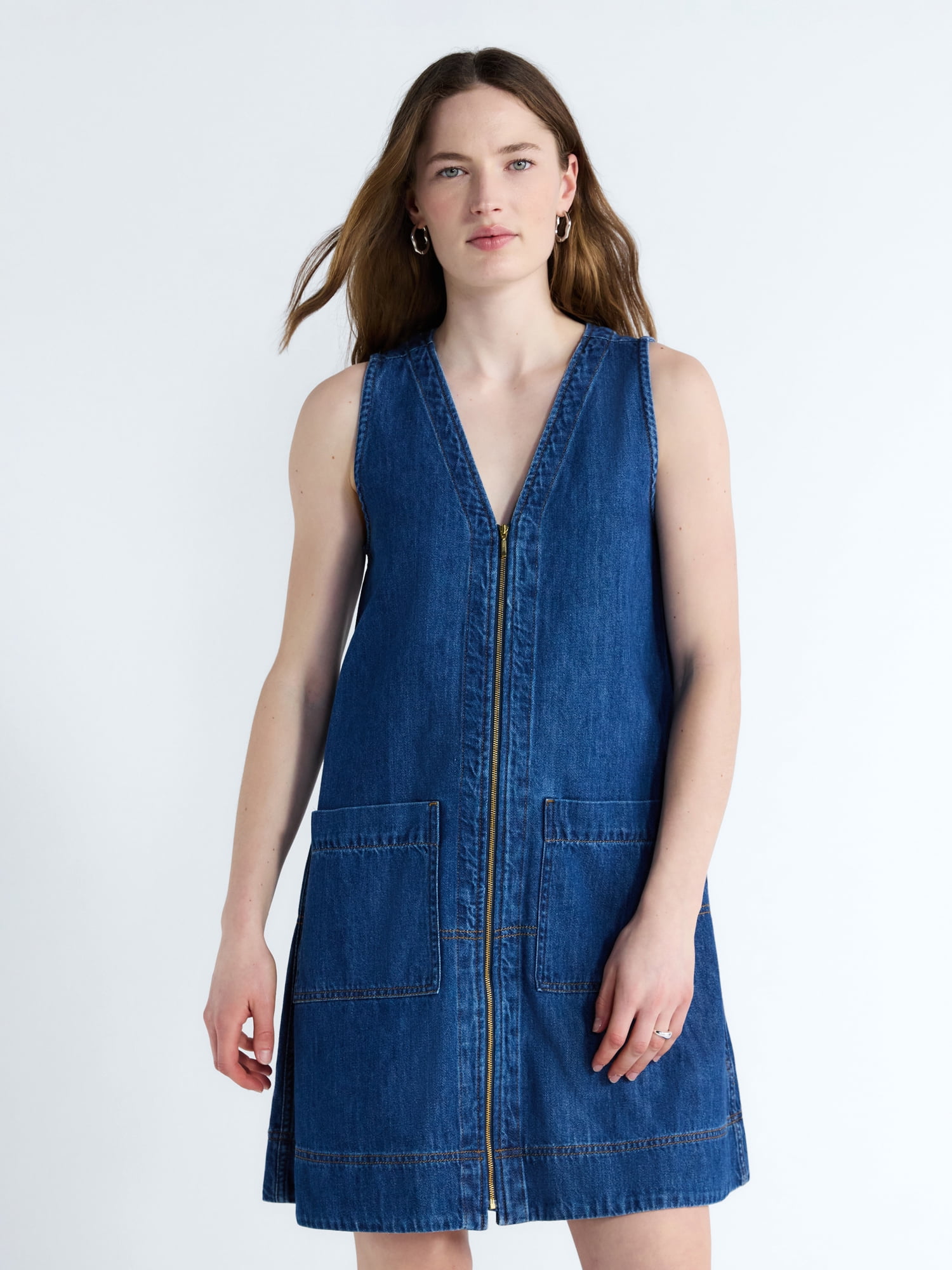 free assembly women's sleeveless denim panel dress Free Assembly Women's and Women's Plus Sleeveless Denim Panel Mini Dress, Sizes XS-4X