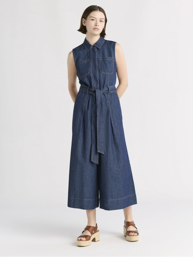 Free Assembly Women's and Women's Plus Chambray Wide Leg Cropped