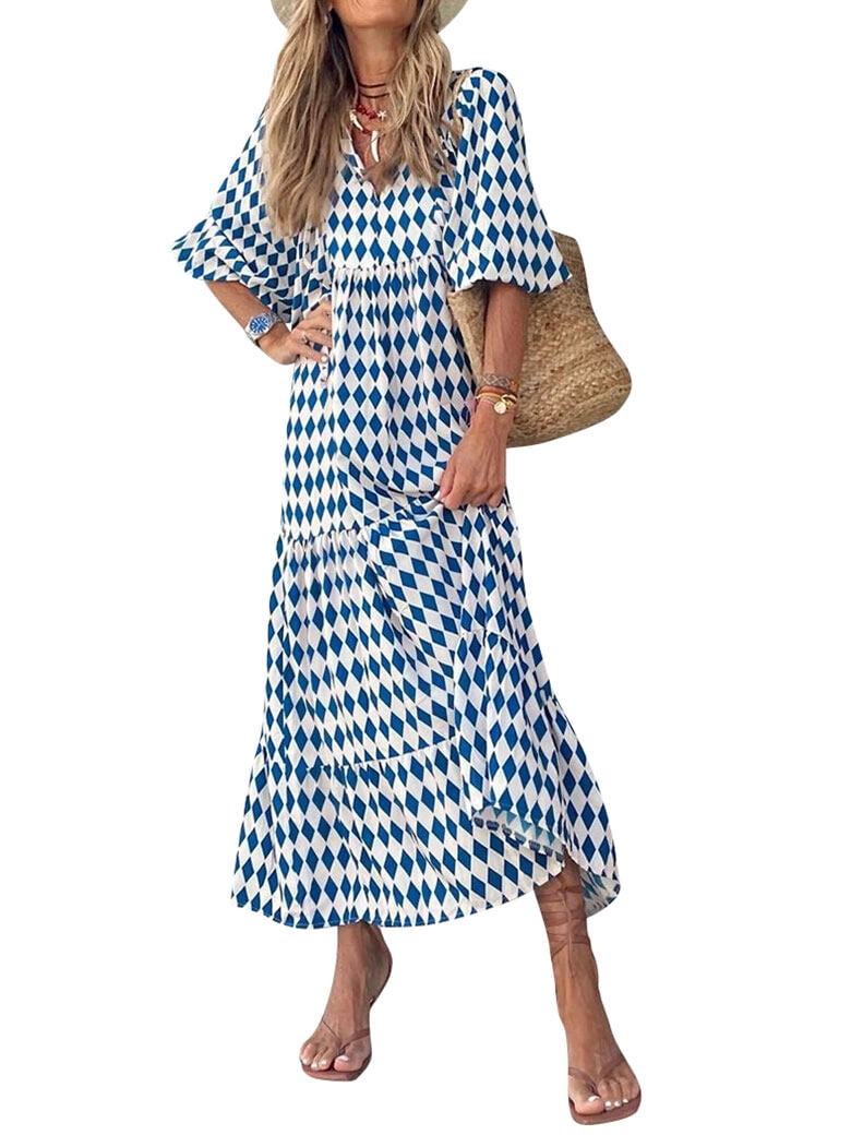 Flowy SLADYGLD Women Geometric Graphic V Neck Puff Sleeve Flowy Hem Maxi ...