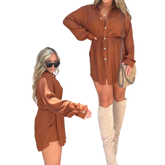 SLADYGLO Women Button Down Long Sleeve Satin Romper Dress With Shorts