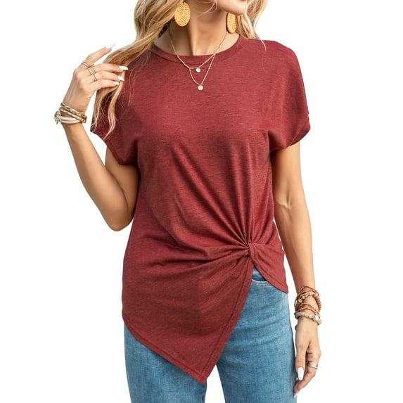 SLADYGLO Women Crew Neck Bat Short Sleeve Irregular Kink Knot T-Shirt