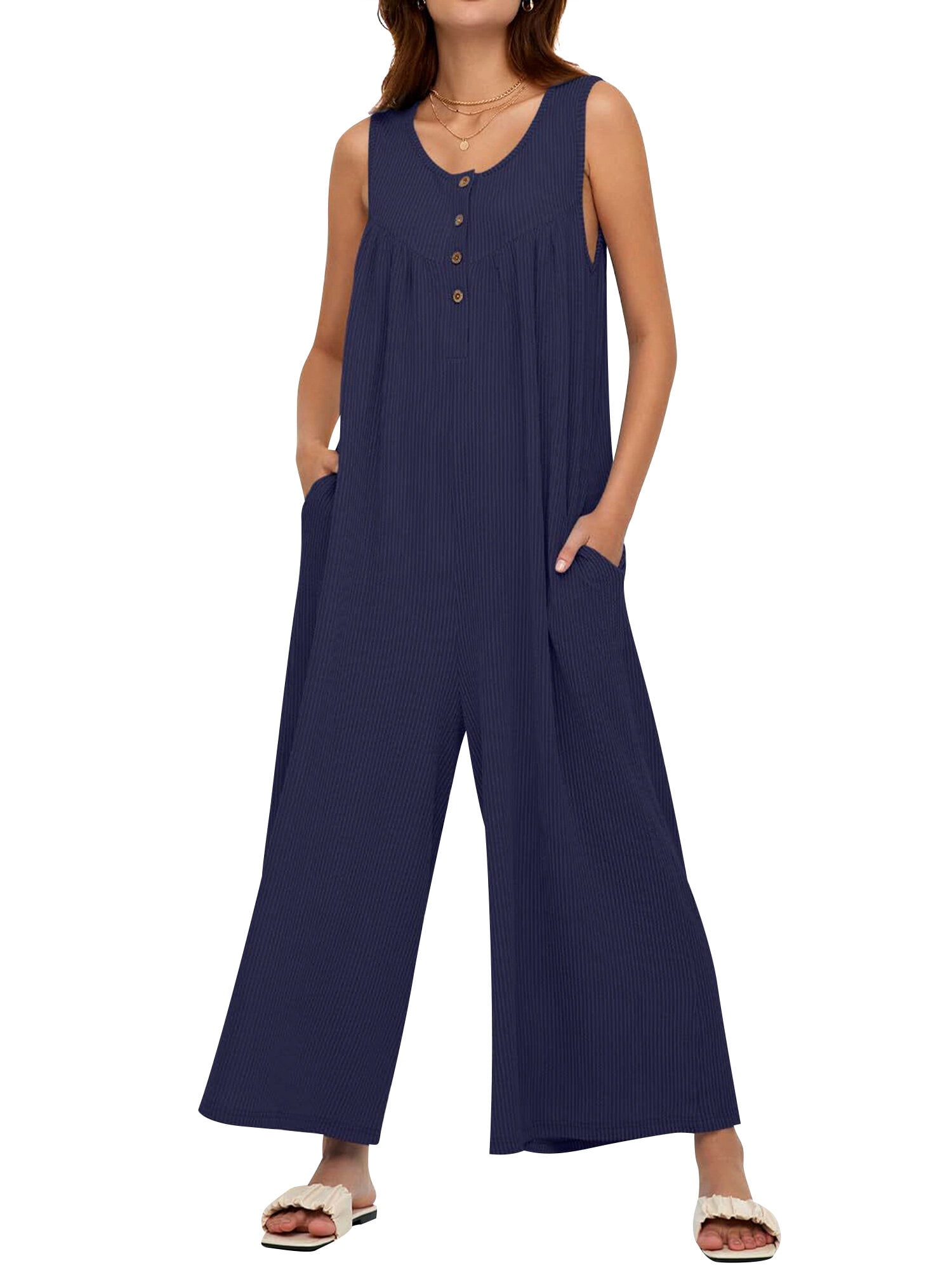 Solid Color Sleeveless Pocket Casual Wide Leg Side Button Jumpsuit