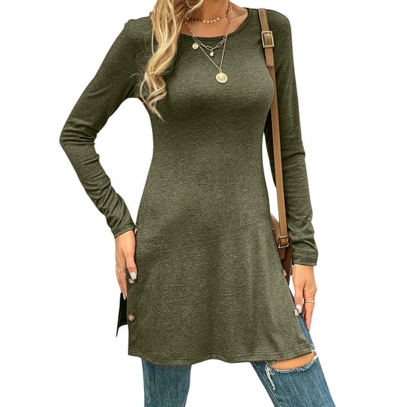 SLADYGLO Women Crew Neck Long Sleeve Chic Split Hem Buttons Tunic Long Top