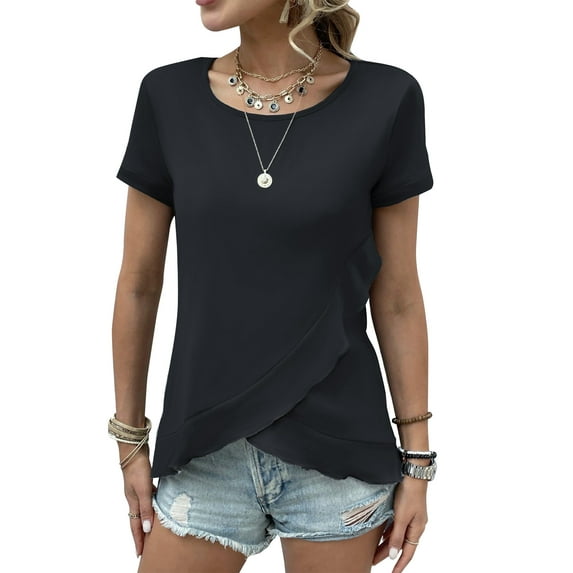 SLADYGLO Women Crew Neck Short Sleeve Ruffle Hem T-Shirt