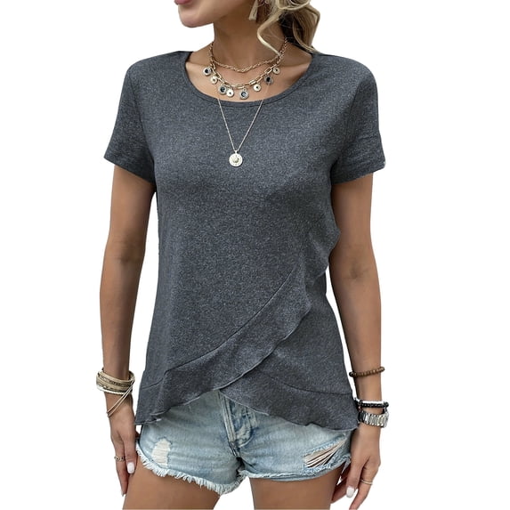 SLADYGLO Women Crew Neck Short Sleeve Ruffle Hem T-Shirt