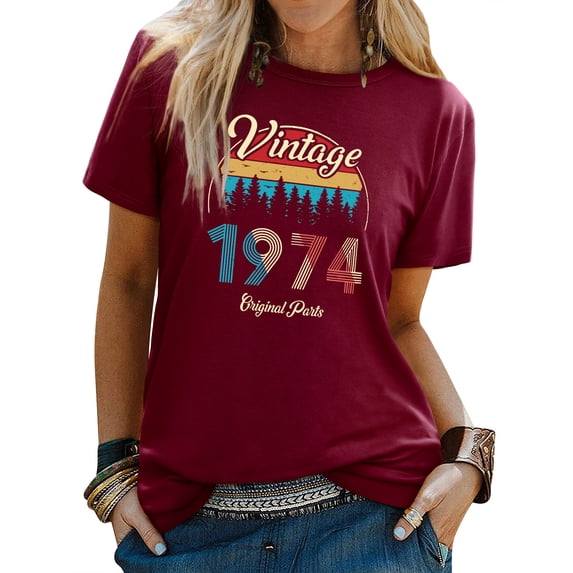 SLADYGLO Women Crew Neck Short Sleeve Vintage 1974 Original Parts Print T-Shirt