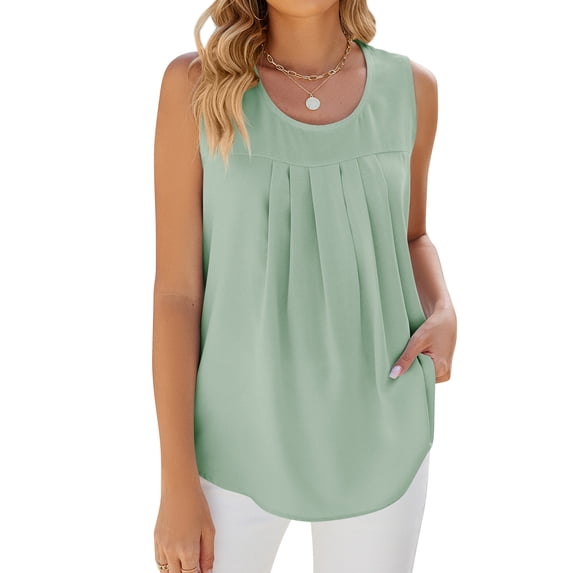 SLADYGLO Women Crew Neck Sleeveless Front Pleated Curved Hem Tank Top