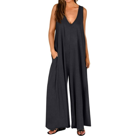 SLADYGLO Women Deep V Neck Sleeveless Side Pockets Wide Leg Jumpsuits