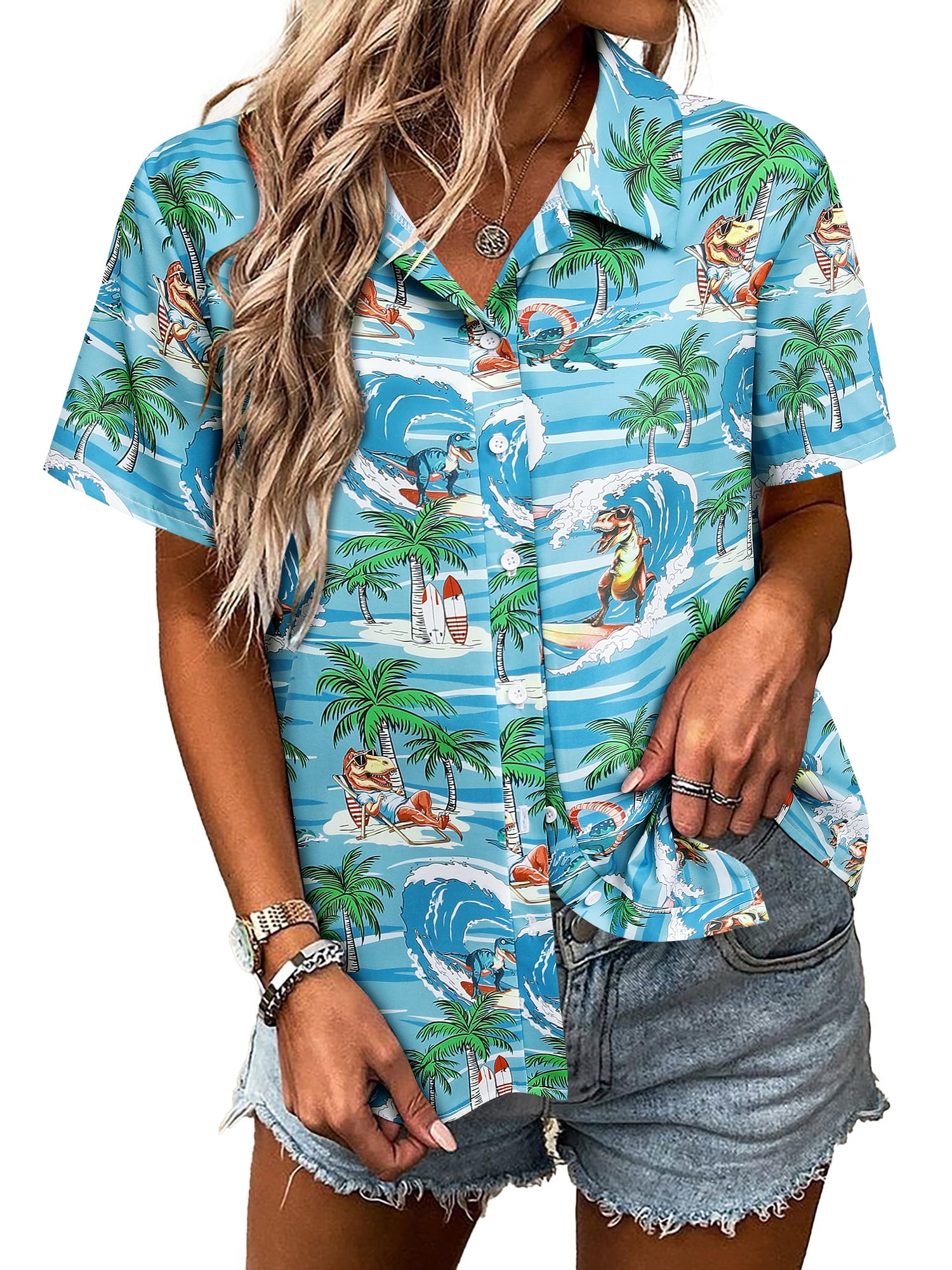 SLADYGLO Women Dinasour Hawaiian Beach Shirts Tops Tropical Floral — free download