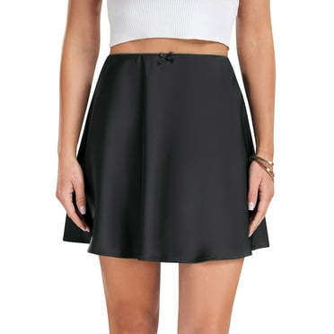 SLADYGLO Women Elastic High Waist Ruffle Trim Bow-knot Satin Mini Skirt