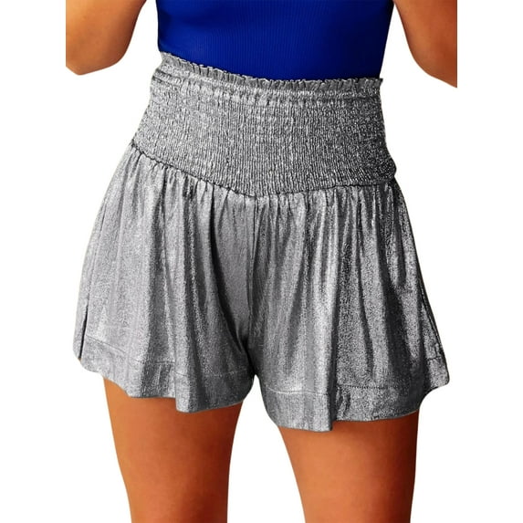 SLADYGLO Women Elastic Pleated Waist Ruffle Hem Sports Shorts