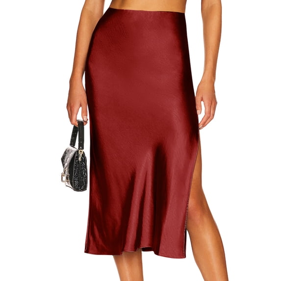 SLADYGLO Women Elastic Waistband High Waist Side Split Satin Silk Midi Skirt